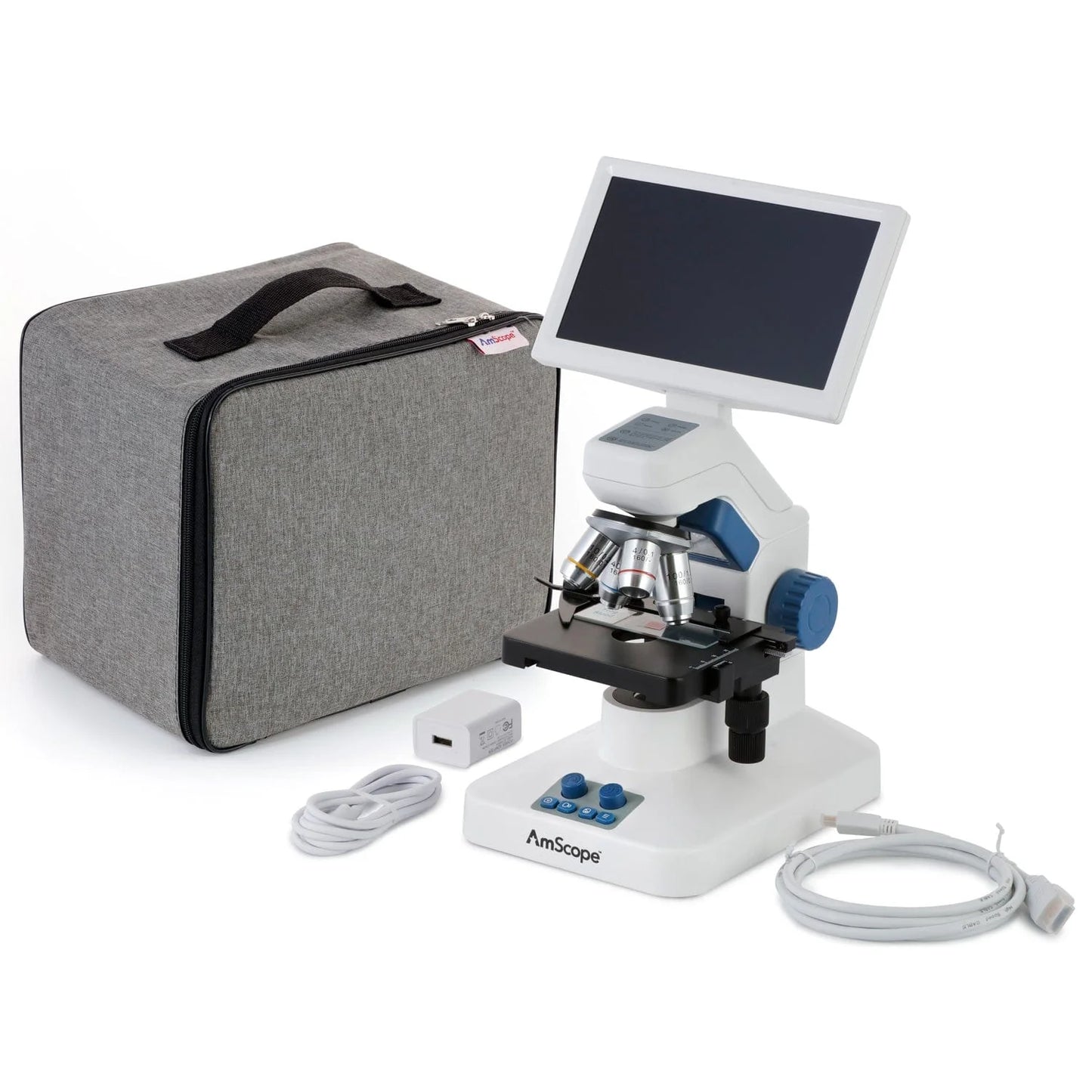 AmScope DM300HD Full HD 7" Digital Compound Microscope with Mechanical Stage 4 Objectives and 32GB MicroSD Card