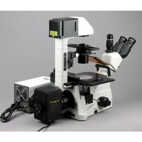 AmScope 40X-1500X Inverted Phase-Contrast + Fluorescence Microscope with 5MP Global-shutter Low-light Camera