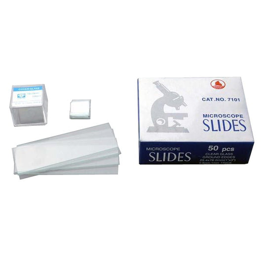 50 Pre-Cleaned Blank Glass Microscope Slides and 100pc Square Coverslips