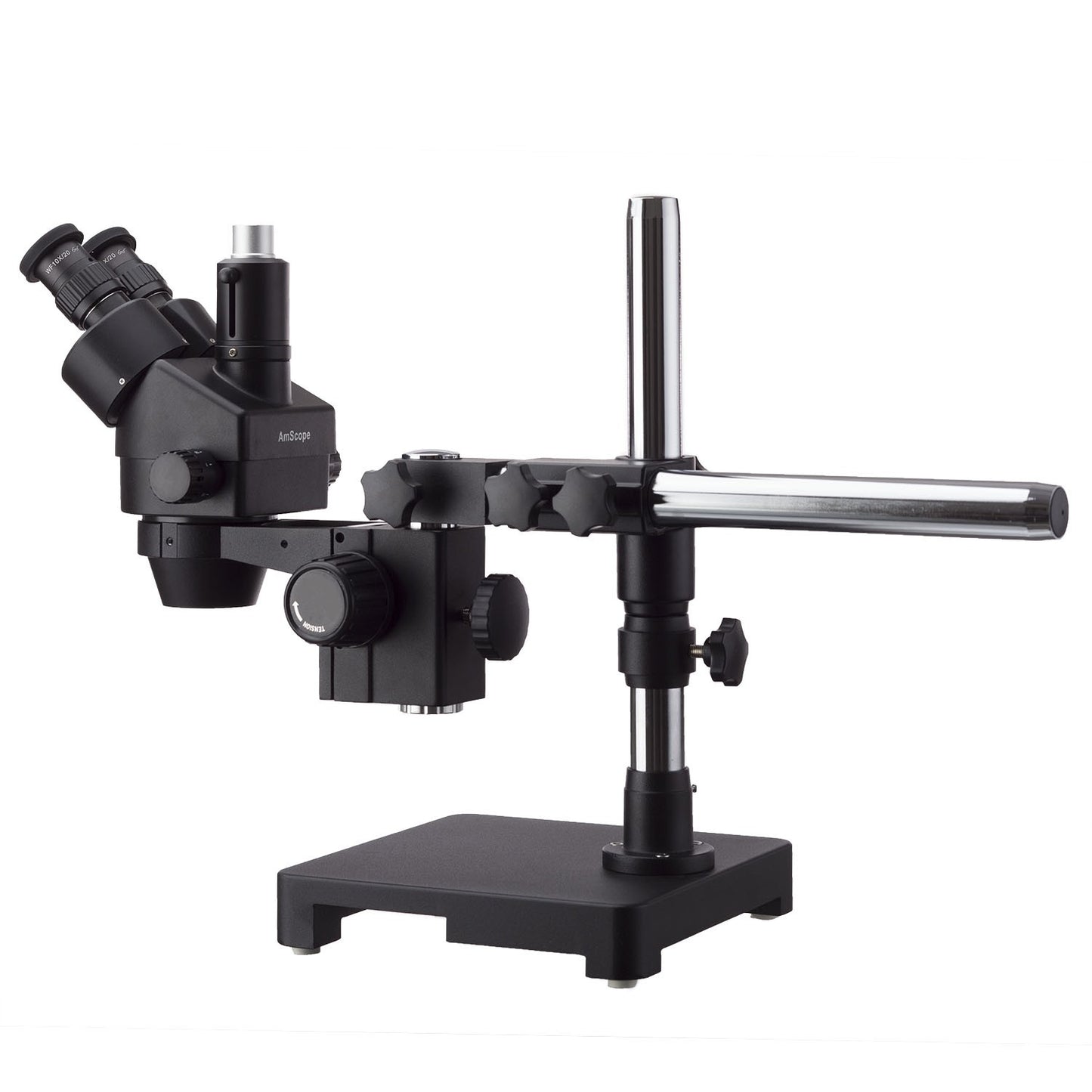 3.5X-180X Black Trinocular Stereo Zoom Microscope on Single Arm Boom Stand + 144 Direction Adjustable LED Ring Light & USB3.0 5MP Camera
