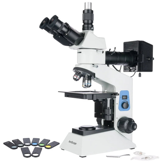 AmScope ME580 Metallurgical Upright Trinocular Microscope 50X-500X Magnification with Polarized Light