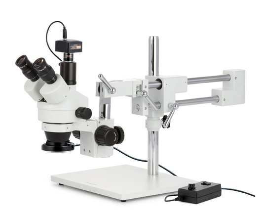 3.5X-90X Simul-Focal Stereo Zoom Microscope on Boom Stand with 144-LED Ring Light and 5MP Camera