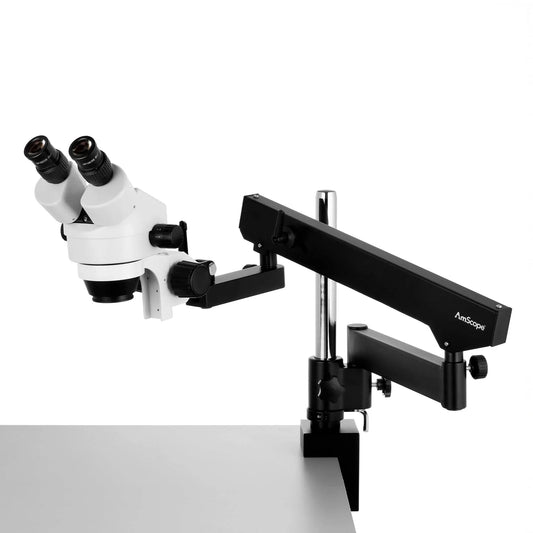Amscope 3.5X-225X Binocular Articulating Arm Pillar Clamp 144-LED Zoom Stereo Microscope