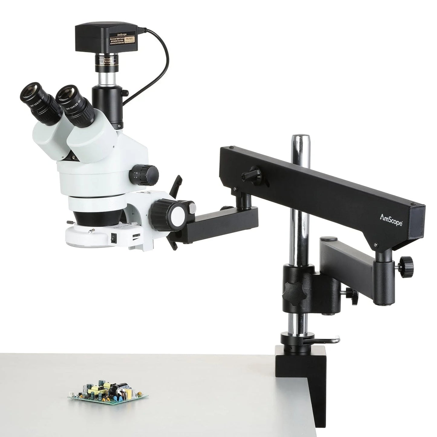 Arm Length Microscope Amscope 3.5X-90X 144-LED Articulating Arm Zoom Stereo Microscope + 10MP ...