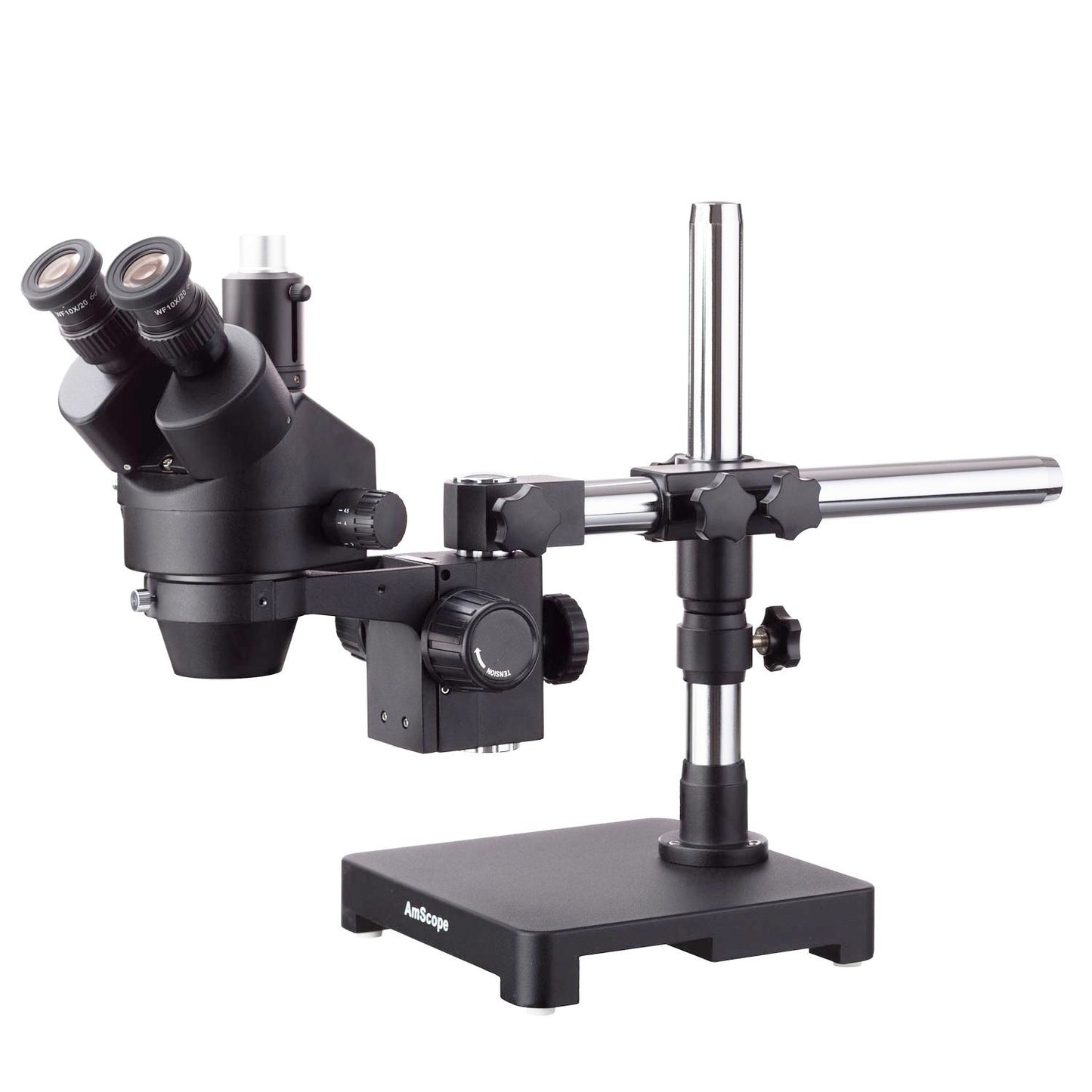 AmScope  7X-90X Black Trinocular Stereo Zoom Microscope on Single Arm Boom Stand + 144 LED Ring-light