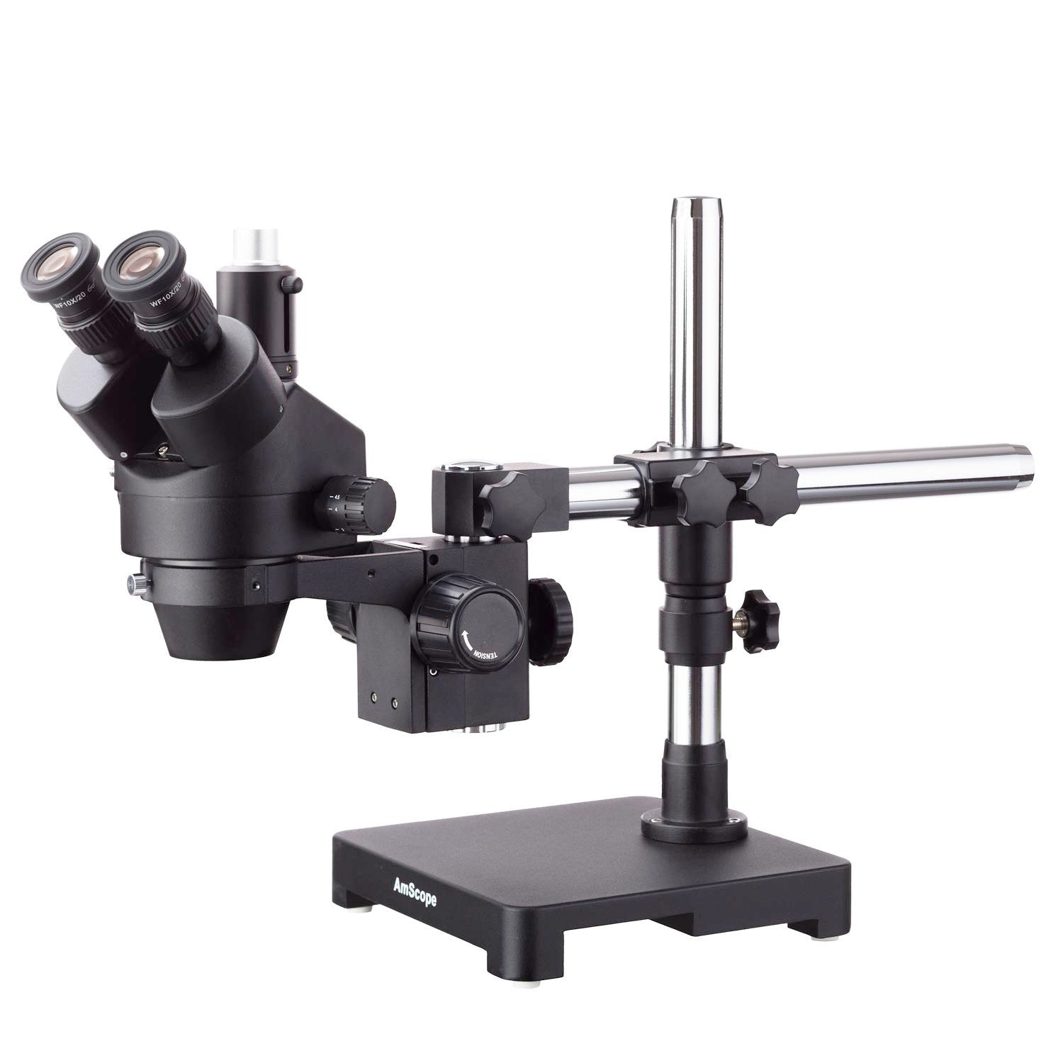 AmScope 7X-90X Black Trinocular Stereo Zoom Microscope on Single Arm Boom  Stand + 144 LED Ring-light