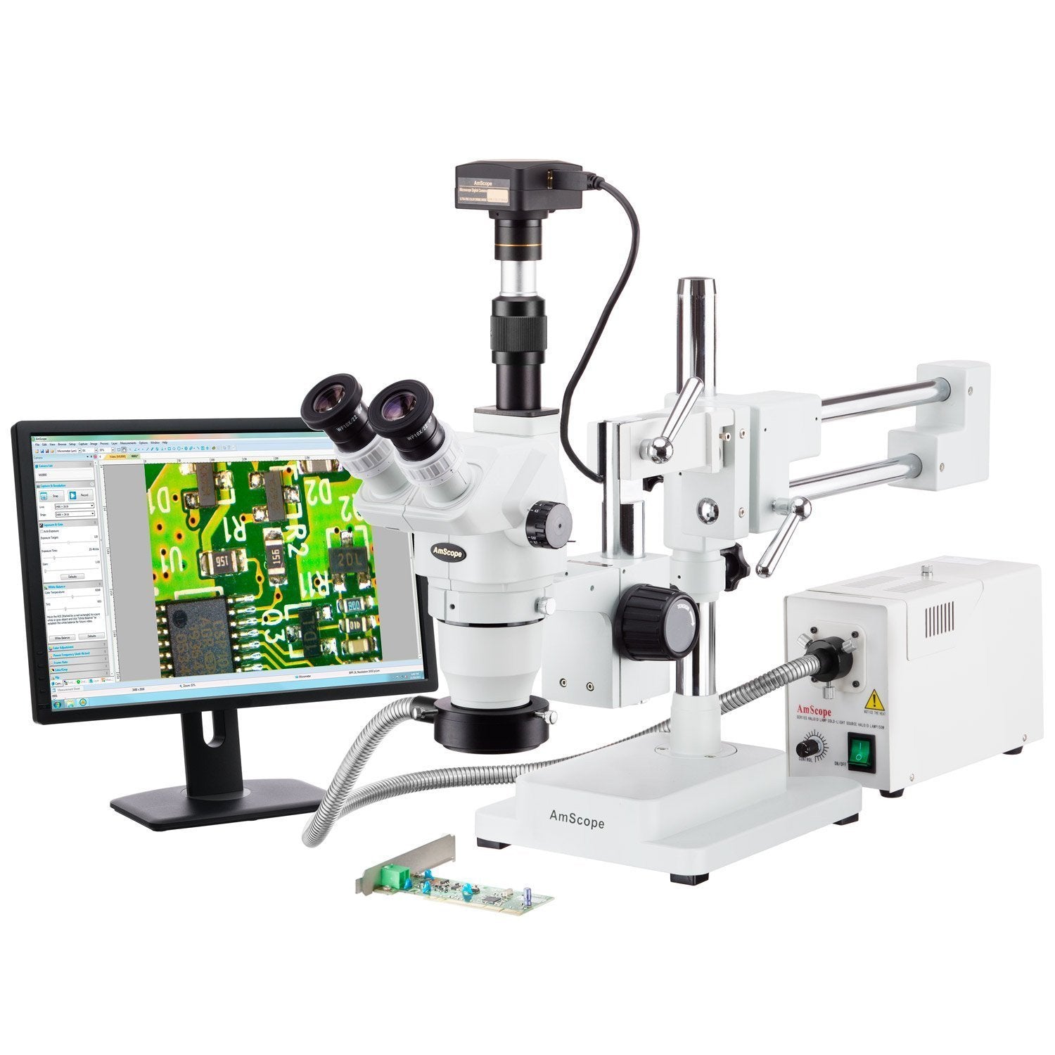 AmScope ZM-4TW3-FOR-18M3 Trinocular Boom Stereo Zoom Microscope – 2x-225x, Fiber Light, 18MP Camera, 5-Year Warranty