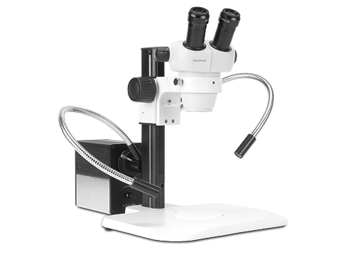 Scienscope ELZ-PK2-DPL Mini Stereo Zoom Binocular Microscope - On ErgoTrack Stand with Dual Pipe Light Guide