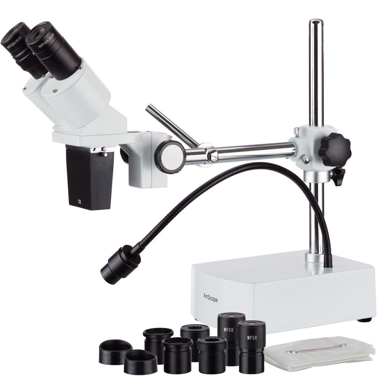 AmScope 5X-10X-15X-20X Stereo Binocular Microscope Boom + Gooseneck LED Light